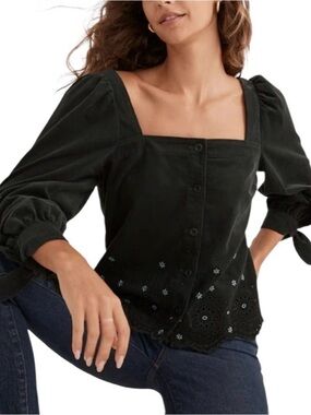 Madewell Black Square-Neck Button Front Top with Eyelet Hem